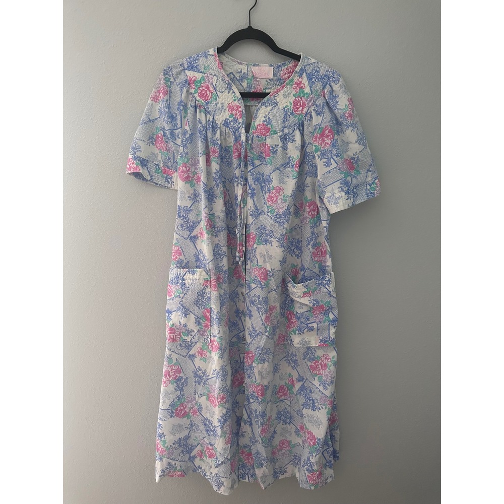 Vintage Just For Women Floral Snap Front House Dress Duster Robe Blue Pink L